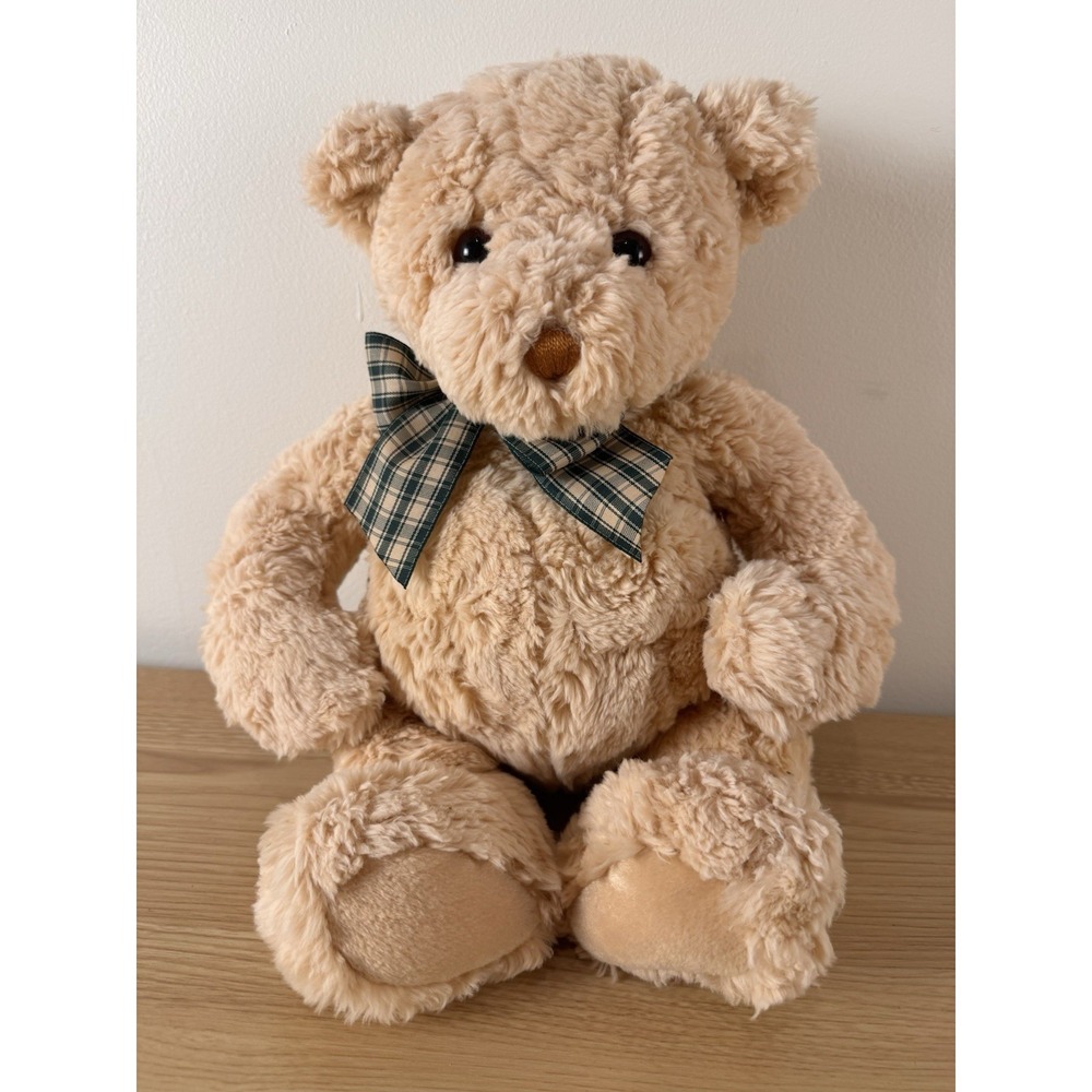 Vintage GUND Teddy Bear Plush 15" Tan Beige Plaid Bow Stuffed Handmade